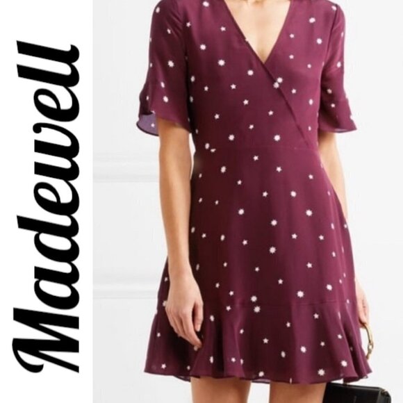 MADEWELL 100% Silk Burgundy Star Print Flutter Hem Faux Wrap Mini Dress, Small - Picture 7 of 13
